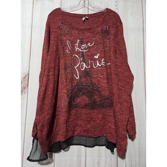 EST. 1946 Shirt Womens Plus 26/28W Red High Low Chiffon Hem Paris Rhinestone - Picture 1 of 7